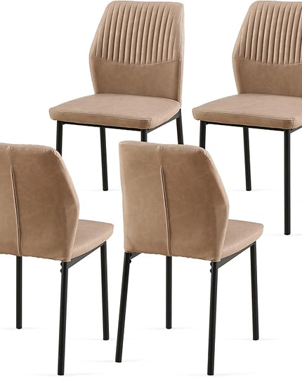 PU Leather Dining Chairs Set of 4, Mid-Century Modern Beige Leather Kitchen Chairs, Armless Dining Room Chairs with Black Metal Legs for Dining Room, Living Room