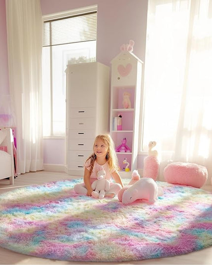 Ophanie Round Rug 6Ft Rainbow Circle Area Rug, Cute Room Decor for Teen Girls, Fluffy Fuzzy Bedroom Carpet, Plush Soft Shaggy Living Room Rugs for Kids Home Decor Aesthetic, Nursery