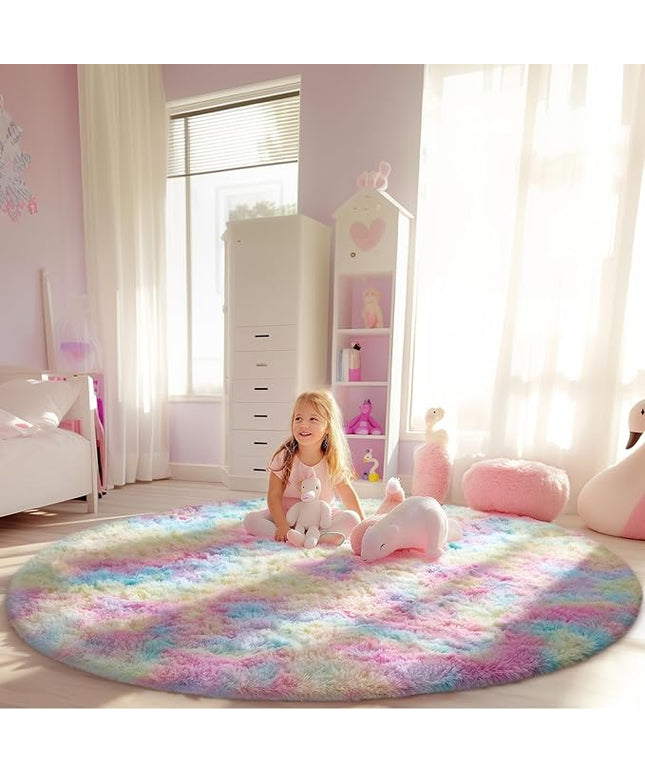 Ophanie Round Rug 6Ft Rainbow Circle Area Rug, Cute Room Decor for Teen Girls, Fluffy Fuzzy Bedroom Carpet, Plush Soft Shaggy Living Room Rugs for Kids Home Decor Aesthetic, Nursery