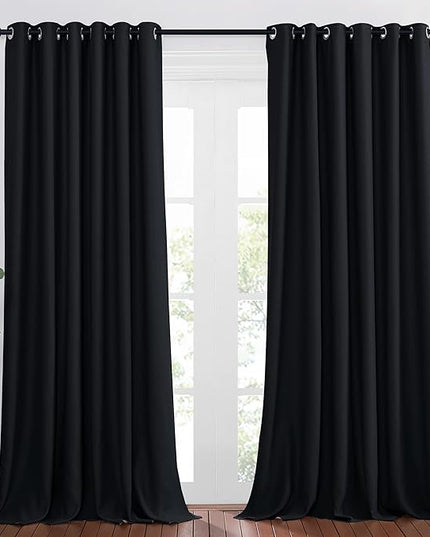 NICETOWN Black Out Curtain Panels - Home Decoration Thermal Insulated Solid Grommet Blackout Curtains/Drapes for Hall/Sliding Door (80" Wide by 108" Long, Black, Set of 2)