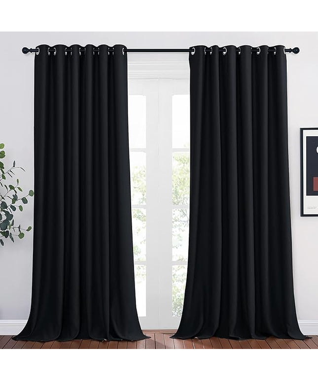 NICETOWN Black Out Curtain Panels - Home Decoration Thermal Insulated Solid Grommet Blackout Curtains/Drapes for Hall/Sliding Door (80" Wide by 108" Long, Black, Set of 2)