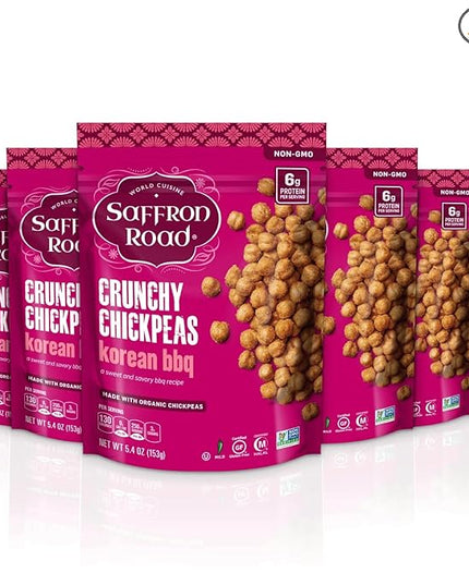 Saffron Road Roasted Korean BBQ Crunchy Chickpeas | High-Protein, Vegan, Gluten-Free, Non-GMO, Halal & Kosher Certified Snack | 5.4 oz Resealable Pouch | Pack of 6