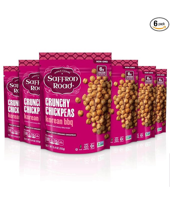 Saffron Road Roasted Korean BBQ Crunchy Chickpeas | High-Protein, Vegan, Gluten-Free, Non-GMO, Halal & Kosher Certified Snack | 5.4 oz Resealable Pouch | Pack of 6