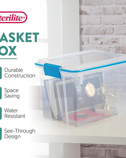 Sterilite 6-Pack Gasket Box, Weather-Resistant Storage Bins with Latching Lids, 20 Quart - Heavy-Duty Organizing Containers for Closet, Bathroom, and Office