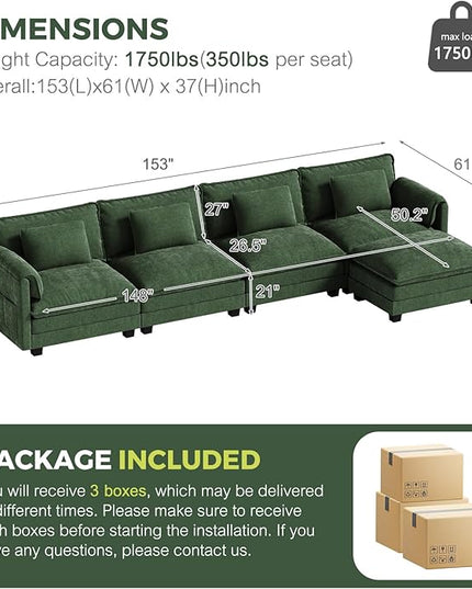 ELUCHANG Oversized 153" Modular Sectional Sofa, Comfy Cloud Couch, L Shaped Deep Seat Sofa Couches for Living Room, 5-Seater Modern Sofa with Movable Ottoman, DIY Combination - Chenille Green