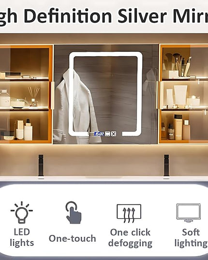 Modern Solid Wood Bathroom Vanity Set - Smart LED Fog Mirror, Floating Double Bath Sink Bathroom Cabinet, 2 Large Drawers & Open Shelves (Light Brown, 56'')