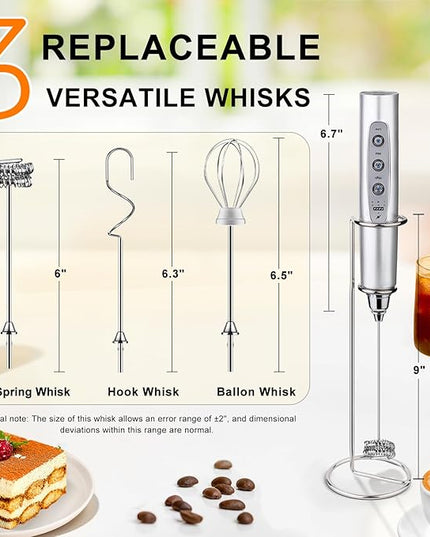 YUSWKO Silver Rechargeable Milk Frother for Coffee with Stand, Handheld Drink Mixer with 3 Heads 3 Speeds Electric Stirrers for Latte, Cappuccino, Hot Chocolate, Egg