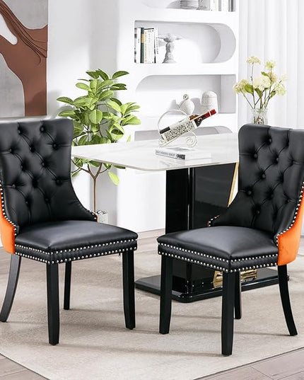 SoarFlash Leather Dining Chairs Set of 2, Tall Back Side Chair, Modern Upholstered Side Chair with Button Back Ring, Solid Wood Legs (Black&Orange)