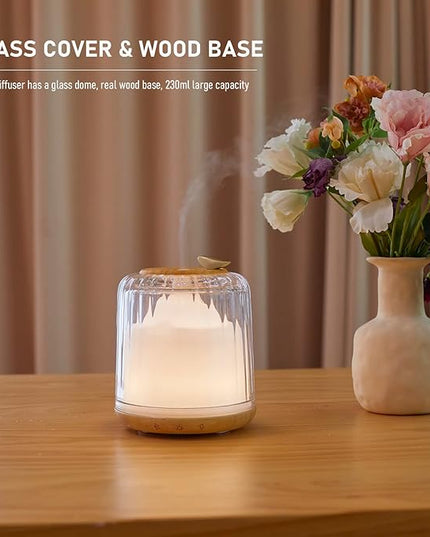 Essential Oil Diffusers, Glass and Real Wood Base Ultrasonic Aromatherapy Diffuser Aroma Defusers for Home Large Room 230ml with Bluetooth Speaker Music Player Colorful Led Light