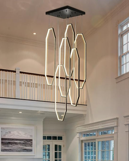 Modern Staircase Chandelier LED 6-Rings Foyer Chandeliers for High Ceilings Black Large Chandeliers Remote Control 3000K-6000K Dimmable Pendant Light for Living Room Staircase Entryway