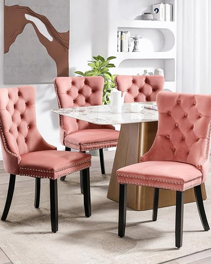 SoarFlash Velvet Dining Chairs Set of 4, Tall Back Side Chair, Modern Upholstered High-end Tufted Side Chair with Button Back Ring, Solid Wood Legs (Pink)