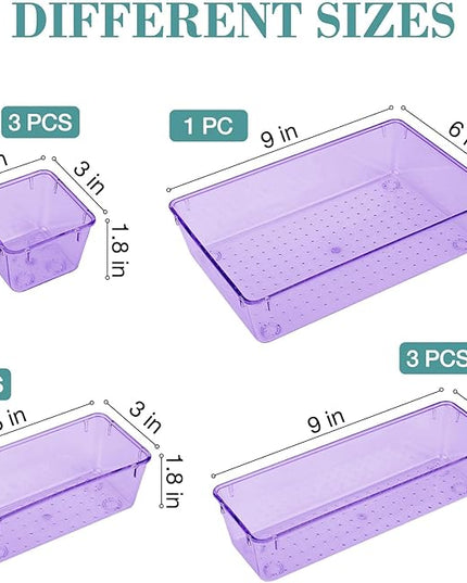 10 PCS Drawer Organizer Set, 4 Varied Size Bathroom and kitchen Drawer cabinet organizer Trays, Clear Storage Bins for Makeup, Jewelry, Utensils and Gadgets, Purple