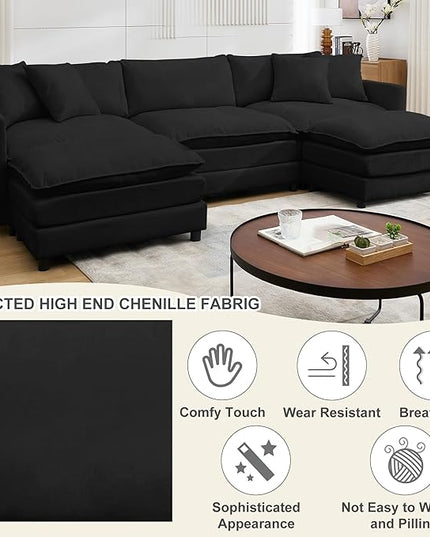 Modular Sectional Sofa,108.27'' Modern Sleeper Sofa Couch with 3 Seat & 2 Ottoman & 3 Pillows Sofa Set, Cloud Couches with Movable Ottoman Deep Seat Couch for Living Room, Chenille (Black, U Shaped)