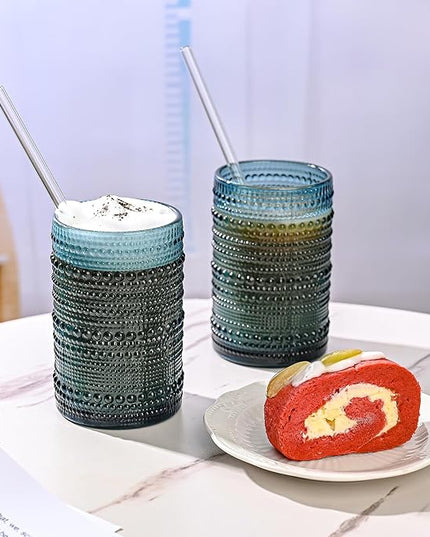 Vintage Glassware Drinking Glasses Set of 6,15 oz Hobnail Glass Cups,Embossed Blue Water Tumbler,for Beer,Cocktail,Whiskey,Juice and Various Mixed Drinks- 1 Cleaning Brush