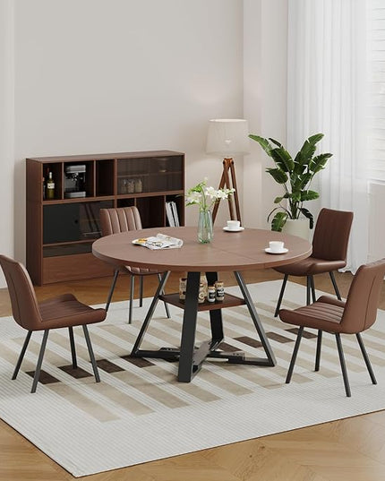 Walnut Round Dining Table Set for 4, Mid-Century Modern Kitchen Table and Chairs, Small Space Dining Room Furniture for Apartment, Breakfast Nook or Studio (Boxwood-Storage Table+4 Brown Chairs)