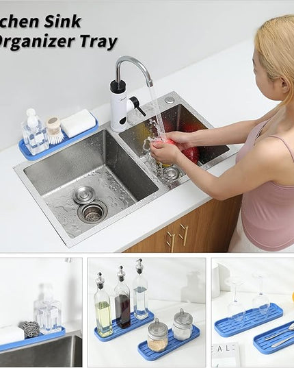 Silicone Kitchen Sink Organizer Tray for Multiple Usage,Eco-Friendly Sponges Holder for Kitchen Bathroom Counter or Sink,Dish Soap Dispenser,Scrubber,Bottle,Cup (Lichen Blue, 12"×4")