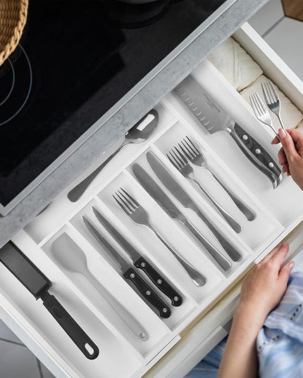 Large Premium Bamboo Silverware Organizer - Expandable Drawer Organizer & Utensil Organizer - 17"x19.7" Cutlery Tray with Dividers for Kitchen Utensils and Flatware (7-9 Slots) (White)