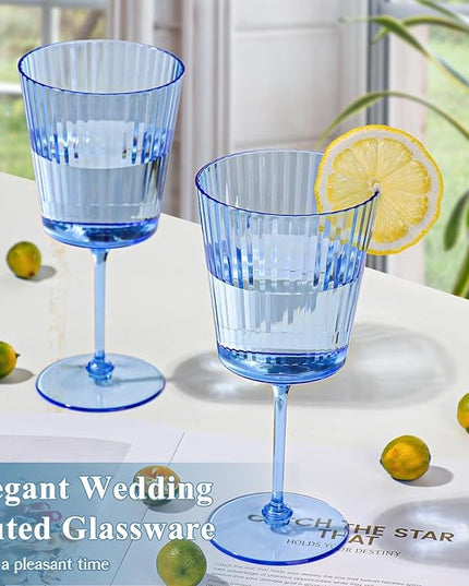 24 PCS Blue Ribbed Plastic Wine Glasses 13.5 OZ Ribbed Wine Glasses Detachable Wine Glass Elegant Fluted Glassware Vintage Style for Wedding Anniversary Birthday Dinner Parties(Blue, 24 Pack)