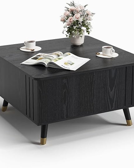 Lift Top Coffee Table with Storage, Mid Century Modern Coffee Table with Solid Wood Legs, 31.5" Square Center Table for Living Room, Home Office, Black