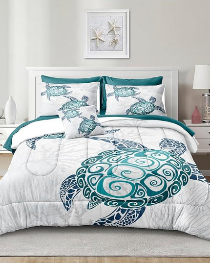 Bedbay Ocean Turtle Bedding Set, 8Pcs King Comforter, Teal Turquoise, Coastal, Microfiber, Bed in a Bag