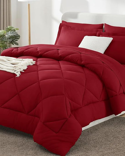 CozyLux Queen Comforter Set Dark Red - Bed in a Bag Queen Size 7 Pieces, Luxury Soft Bed Set for All Seasons, Bedding Set with Down Alternative Comforter, Sheets, Pillowcases & Shams