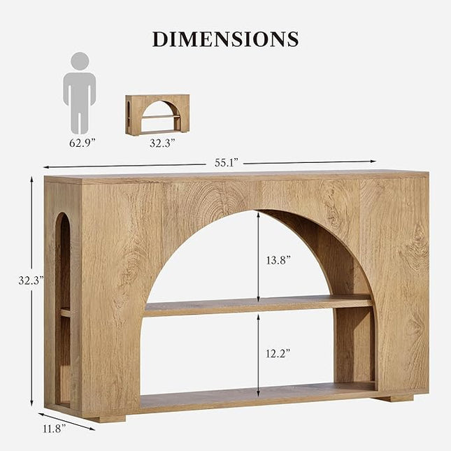 55" Console Table, Farmhouse Sofa Table with 3-Tier Storage, Wooden Entryway Table for Entrance, Hallway, Living Room, Natural Wood