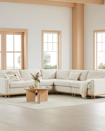 CHITA Super Large Luxury V Shape Corner Sectional Modular Sofa, Down Filled Modern Sofa, Deep Seat Comfty Cloud Couch, 114 inch Width, 5 Seat Couch with Chaise, Solid Wood Leg, Linen