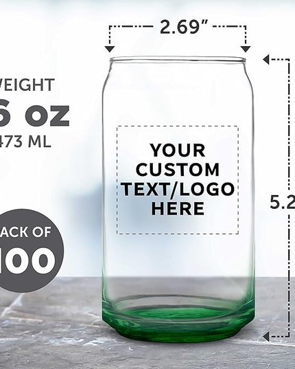 Custom Beer Can Glasses Set of 100, 16 oz. Pint Sized, Promotional Text, Logo, Soda Can Shape, Glassware, Green