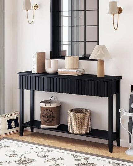 LAZZO Painted Wood Console Table Narrow Long Sofa Table Modern Behind Couch Table Fluted Entryway Table with 3 Drawers and Open Storage Shelf for Living Room, Foyer and Hallway Black (Black, 1 Tier)