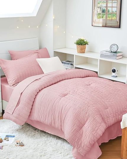 HYMOKEGE Pink Twin XL Comforter Set Seersucker 5 Pieces, All Season Luxury Bed in a Bag for Bedroom, Bedding Set with Comforter, Sheets, Pillowcase & Sham