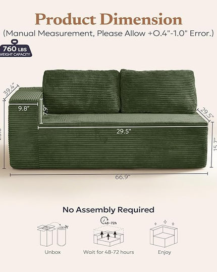 67" Loveseat Sofa, Cloud Modular Couch, Upholstered Floor Sofa with Deep Seat, Upholstered Foam Sofa for Bedroom Living Room, No Assembly Required (Green, Plush Corduroy Fabric)