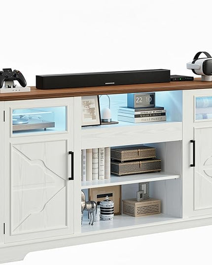 IRONCK 65.8" Farmhouse TV Stand for 60/65/70 Inch TVs, Tall Entertainment Center with LED Lights & Power Outlet, Media Console with Storage Cabinets & Adjustable Shelves for Living Room, White