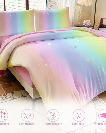 Rainbow Bedding Set Full Size – 5 Piece Reversible Girls Comforter with Deep-Pocket Sheet, Gradient Galaxy Design, Whole-Piece Filling, Machine Washable Bed-in-a-Bag for Kids Room Makeover & Gifts