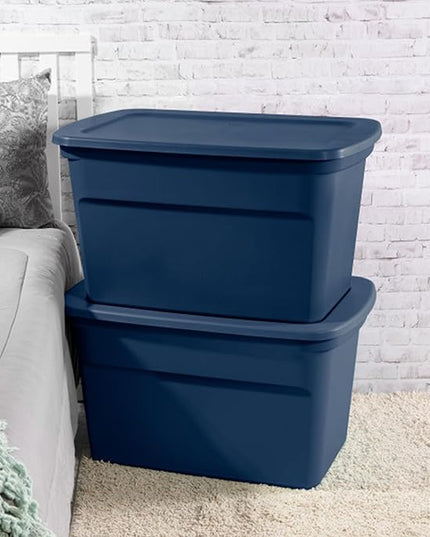 Sterilite 18-Pack Tote, Plastic Storage Bins with Snap Lids, 30 Gallon, Marine Blue - Stackable Home Organizers with In-Molded Handles for Bedroom, Garage, Basement and Attic