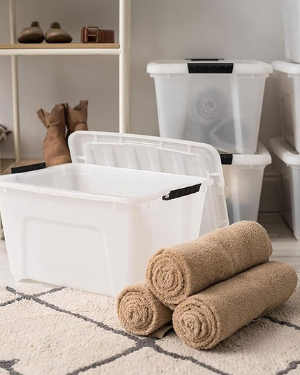 IRIS USA 32 Qt Stackable Plastic Storage Bins with Lids, 4 Pack - BPA-Free, Made in USA - Discreet Organizing Solution, Latches, Durable Nestable Containers, Secure Pull Handle - Pearl