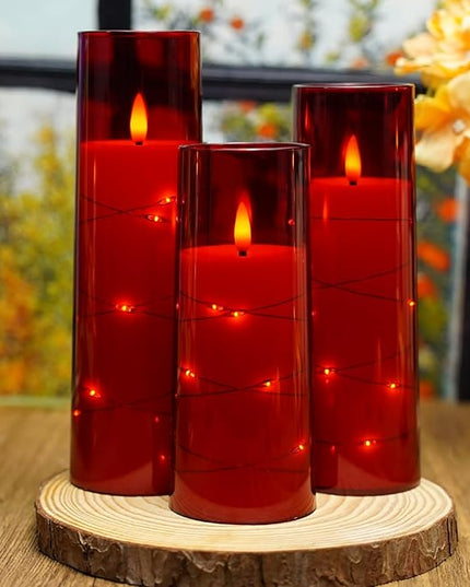 Flickering Flameless LED Candles,Battery Operated Candles 9 Pcs with Embedded Star String,Acrylic LED Pillar Candles with Remote,Suitable for Home Decoration to Create an Atmosphere（Red）