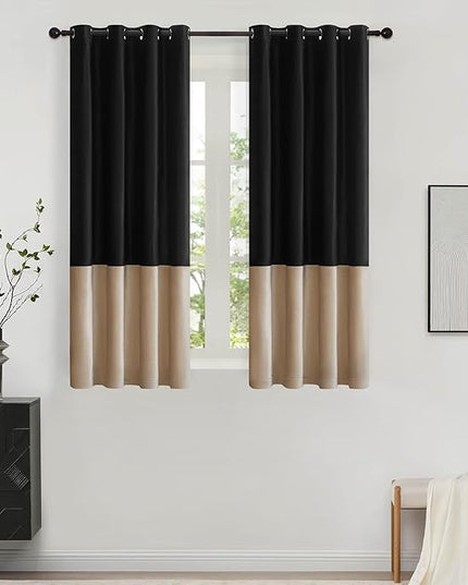 BULBUL Black Champagne Color Block Window Curtains Panels 63 inches Long Velvet Farmhouse Drapes for Bedroom Living Room Darkening Treatment with Grommet Set of 2