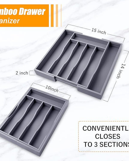 Kitchen Silverware Drawer Organizer and Storage Bamboo Wood Cooking Utensil Holder Cutlery Knife Jewelry Spice Rack Spoon Fork Multi Cabinet Organization Bathroom Counter Expandable Adjustable Tray