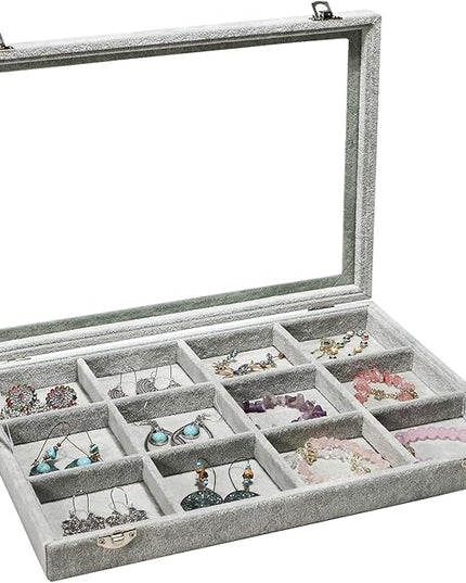 Stratalife Jewelry Holder Organizer Jewelry Organizer Box Bracelet Storage Velvet Jewelry Tray with Clear Lid Jewelry Drawer Organizer Jewelry Display Tray 12 Grid Grey
