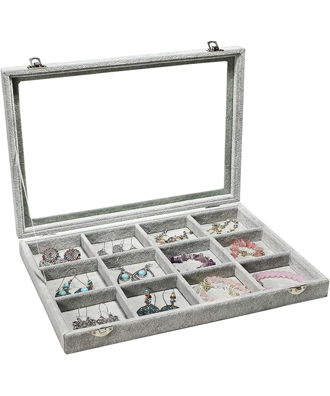Stratalife Jewelry Holder Organizer Jewelry Organizer Box Bracelet Storage Velvet Jewelry Tray with Clear Lid Jewelry Drawer Organizer Jewelry Display Tray 12 Grid Grey