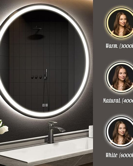 APRILSOUL 36 Inch Round LED Bathroom Mirror with Lights, Makeup Mirror with Front and Backlit, Anti-Fog, 3 Colors and Dimmable Light