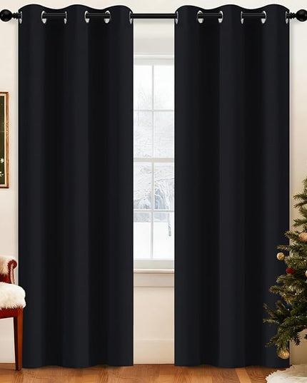 Yakamok Black Room Darkening Grommet Window Drapes Blackout Curtains Thermal Insulated Grommet Curtain Panels for Bedroom, 38W x 84L,One Pair