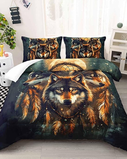 AILONEN Wild Wolf Print Twin Size Comforter Set,Boho Dream Catcher Bedding Sets,Cool Wildlife Animal Duvet Set,3-Piece, 1 Quilt and 2 Pillowcases,Soft Microfiber