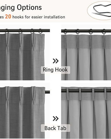 100% Blackout Shield Linen Look Textured Pinch Pleated Curtains Blackout Drapes 108 Inch Long 2 Panels Set, Faux Linen Blackout Curtains for Bedroom & Living Room, 40" W x 108" L, Dark Grey