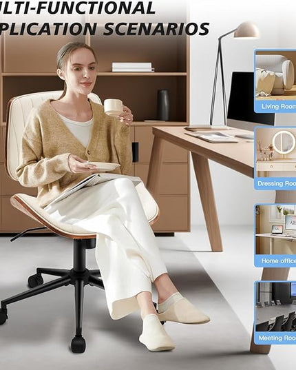 Armless Desk Chair with 360°Swivel Wheels, Ergonomic Adjustable Height Computer Chair for Home Office,PU Leather with Modern Walnut Drafting Chairs for Office, Reading Nook(Beige)