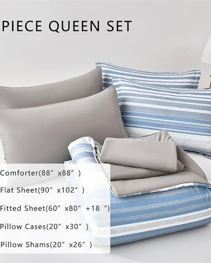 KAKIJUMN 7 Piece Bed in a Bag Stripe Comforter Set Queen Size, White Grey Blue Patchwork Striped Comforter and Sheet Set, All Season Soft Microfiber Complete Bedding Set(Light Blue,Queen)
