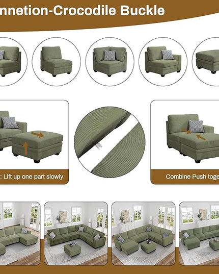 Legend Vansen Oversized Modular Sectional Sofa,6 Seat U Shaped Couch with Ottoman,Corduroy Sofa with Deep Seat,Convertible Large Sectional Couches for Living Room (Olive, L-6)