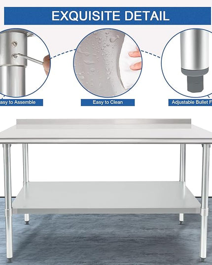 HARDURA Stainless Steel Prep & Work Table 30 x 60 Inches NSF Heavy Duty Commercial with Undershelf and Backsplash, Galvanized Legs for Commercial Food Prep