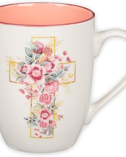 Christian Art Gifts Encouraging Ceramic Coffee & Tea Mug for Women: Rosy Pink Floral Cross, Microwave & Dishwasher Safe Cup, Cute Lead-free Inspirational Encouraging Novelty Drinkware, White, 12 oz.