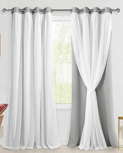Hiasan Extra Long Blackout Curtains with Sheer Overlay Thermal Insulated Double Layer Curtains for Bedroom Living Room, 2 Panels with Tiebacks, Silver Grey, 52W X 120L